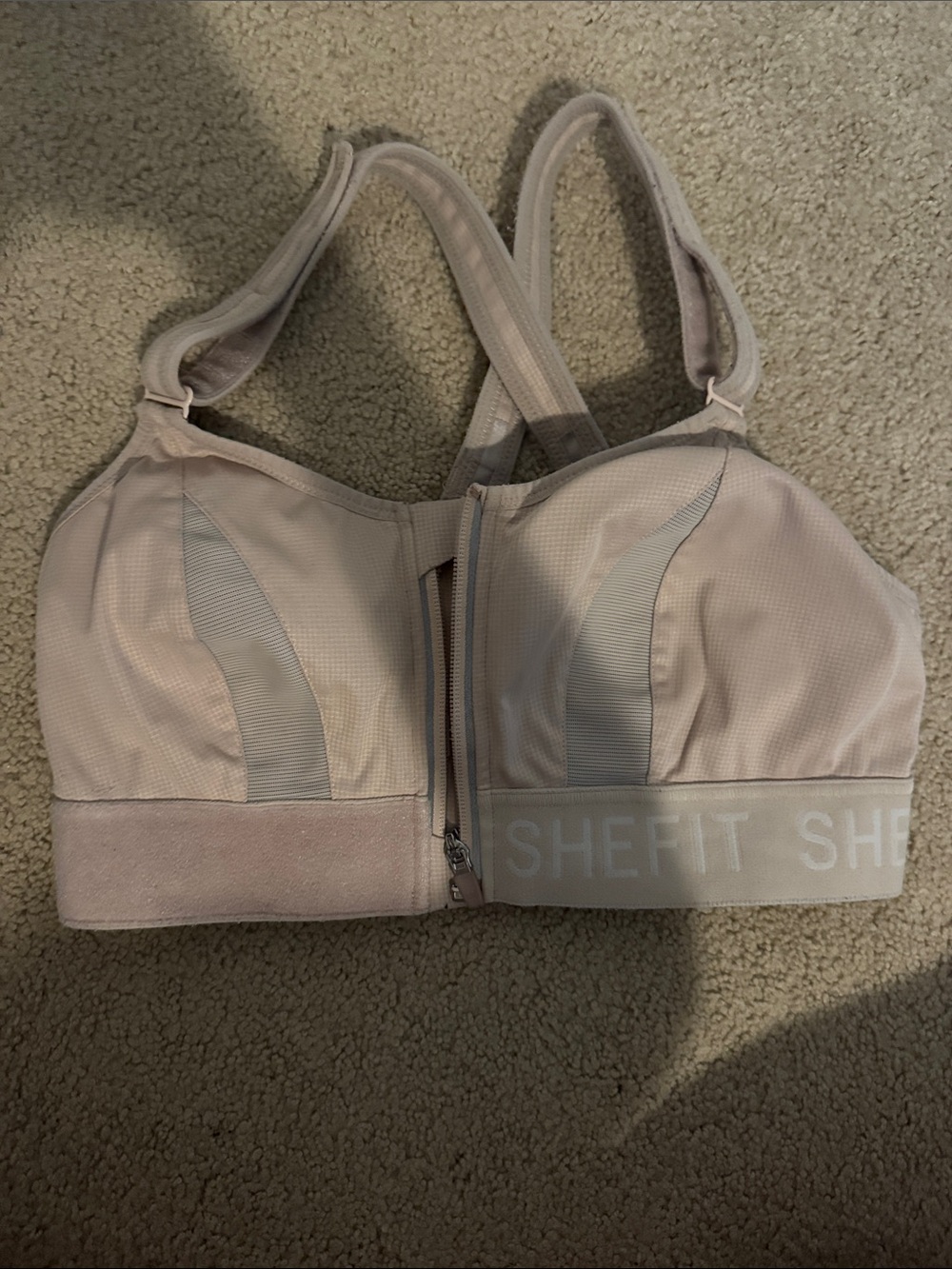 SHEFIT Front-Zip High Support Sports Bra in Light Pink/Nude